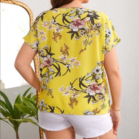 Boho Plus Size Floral Print Cottagecore V Neck Top Blouse Yellow - Picture 2 of 16